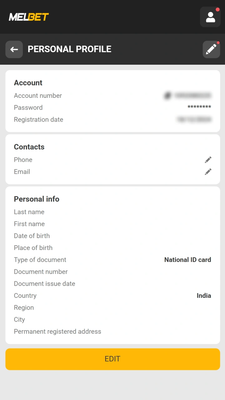Confirm the security code - Melbet screenshot